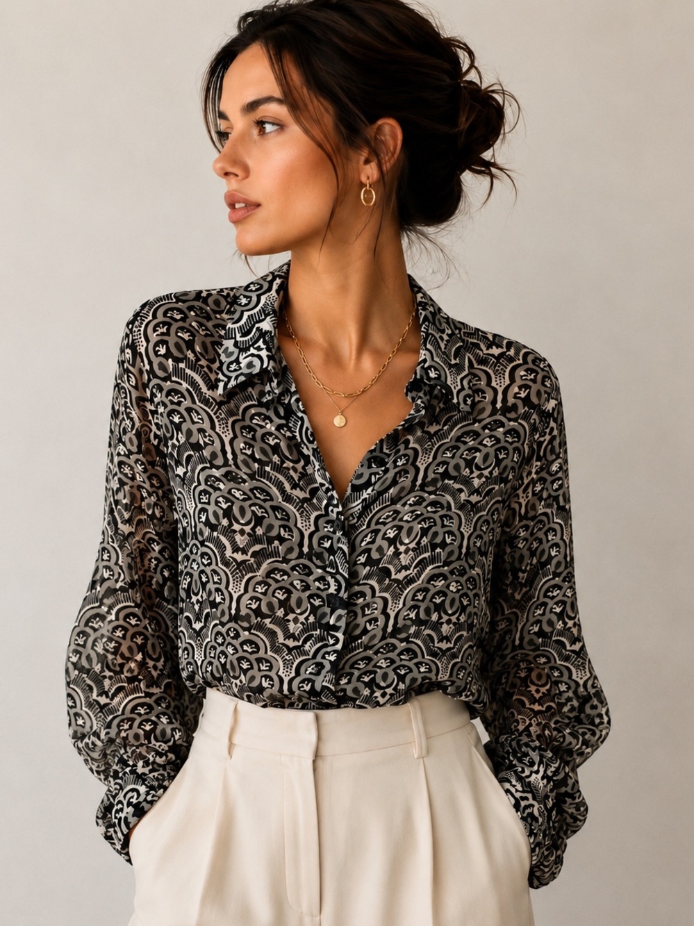 s.Oliver Paisley Print Blouse Sheer Button Front Top Small